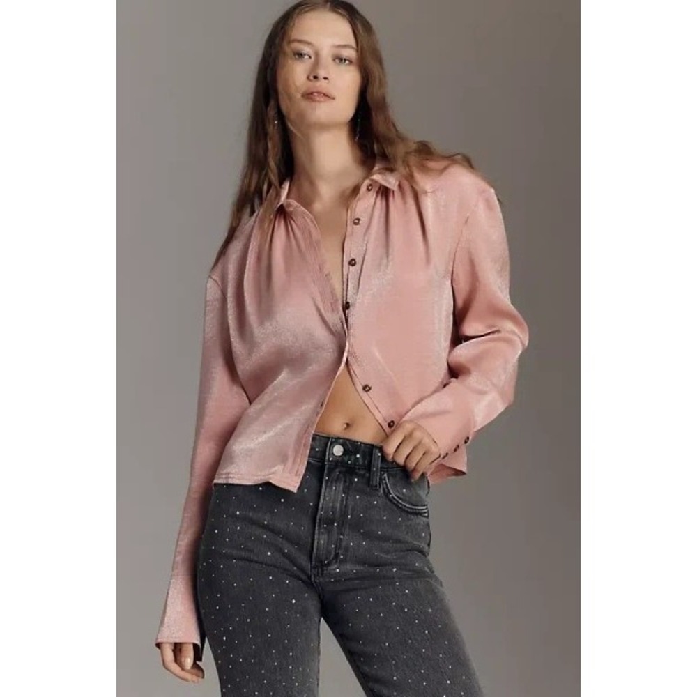 NWT Pilcro Anthropologie Liquid Shine Rose Shimmer Button Down Blouse XXS